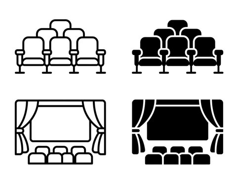 Movie theater auditorium with curtain stage screen and seats set