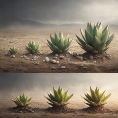 Fototapeta premium Artistic triptych highlighting the structural beauty of agave succulents; subtle color shifts across the panels emphasize texture and form.