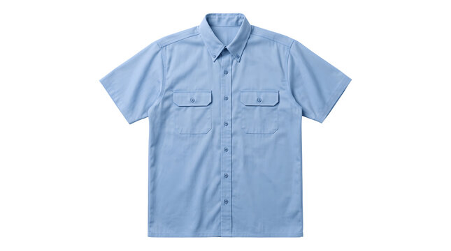 Light blue short sleeve work shirt, professional button down uniform with pockets, casual male apparel on white background