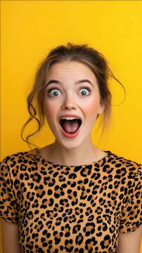 Shocked young woman with wide eyes on yellow background