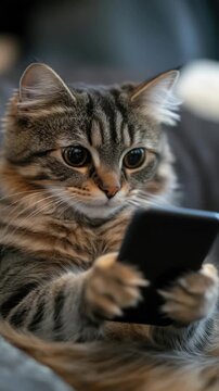 Cute Tabby Kitten Looking at a Smartphone