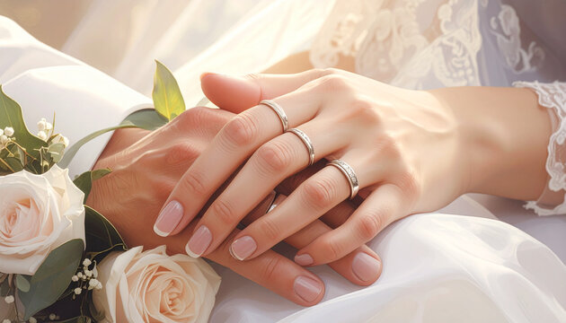 Wedding rings on hands close up