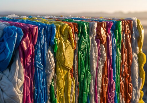 Compressed plastic recycling bales stacked outdoors in sunlight. Colorful polymeric material blocks ready for processing