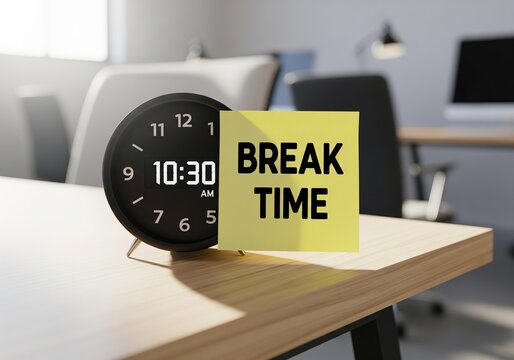 Alarm clock with digital display showing ten thirty sitting on wooden office desk with yellow sticky note reading break time