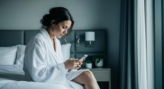 Woman wearing white robe typing message on smartphone sitting hotel bed modern bedroom interior