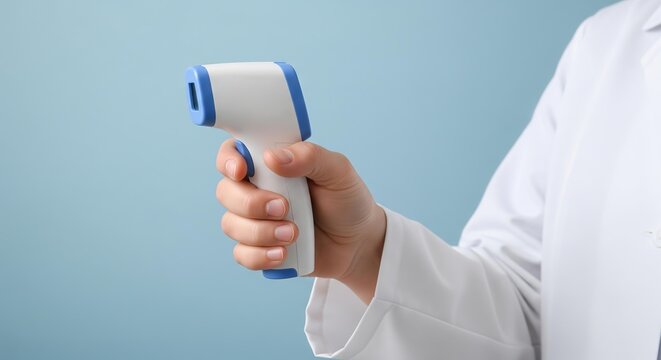 Medical worker holding electronic thermometer close-up studio shot healthcare hygiene measurement device