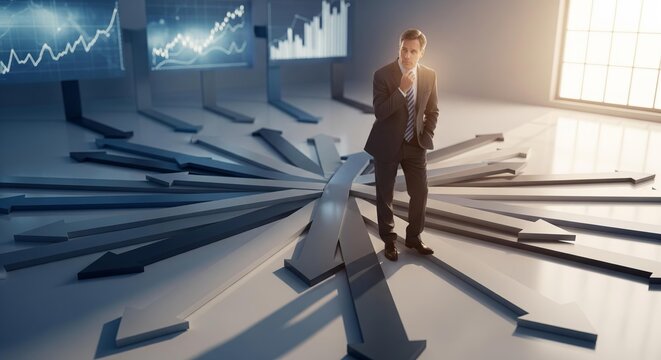 Businessman standing center complex intersecting arrows making strategic decision corporate future growth data charts background