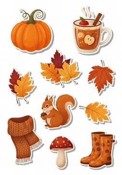 Autumn seasonal stickers collection featuring pumpkin, squirrel, leaves, mug, boots, scarf, and mushroom on white background