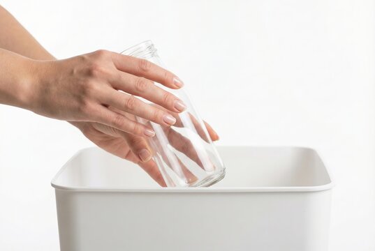 Woman throwing empty glass bottle into white recycling bin