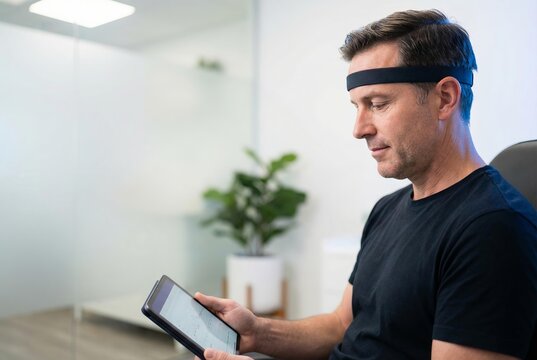 Middle-aged man wearing electroencephalography headband holding digital tablet analyzing brainwave data in clinic office