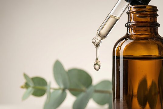Amber dropper bottle essential oil eucalyptus leaves cosmetics spa aromatherapy