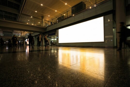 Large glowing blank billboard screen inside modern transit station architecture at night. Pedestrians walk past polished reflection floor tiles