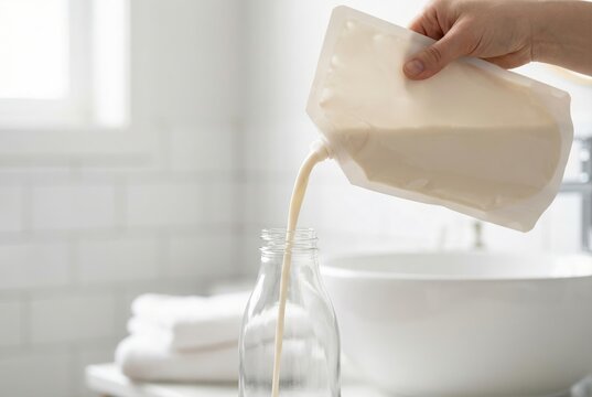 Person pouring liquid refill from pouch into glass bottle in bright bathroom