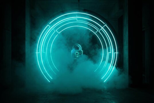 Cyan neon light portal glowing in industrial concrete room with foggy smoke and padlock security symbol