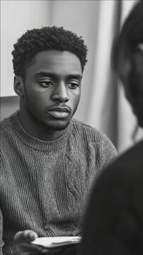 Portrait of a Young African American Man in a Knit Sweater Listening in Black and White