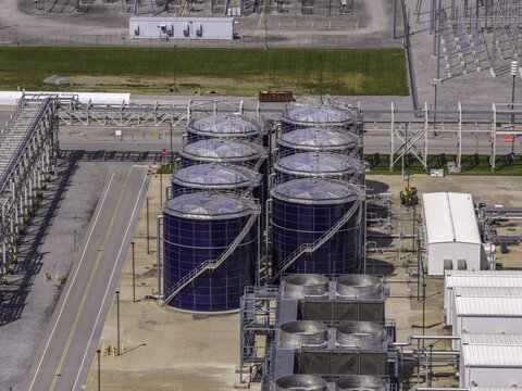 Aerial view of large chilled water thermal storage tanks and cooling system at a data center facility in Clarksville, Tennessee, United States.