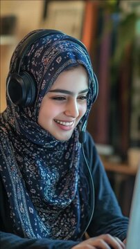 Smiling Muslim Woman in Floral Hijab with Headphones