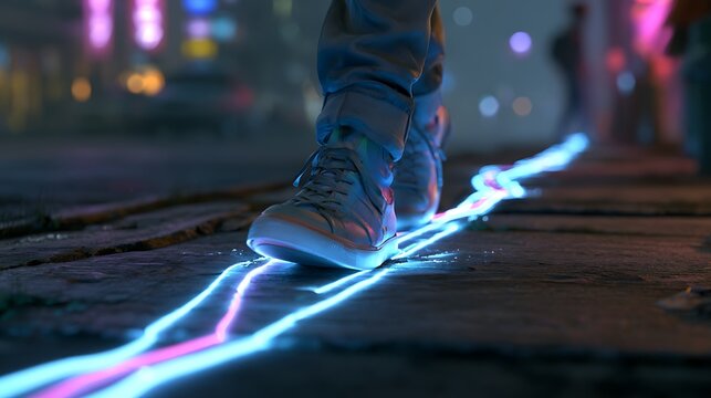 621. A conceptual illustration of Societal Conditioning. A person walking through a city where the sidewalk is lined with glowing neon tracks that magnetically pull their shoes along a predetermined 