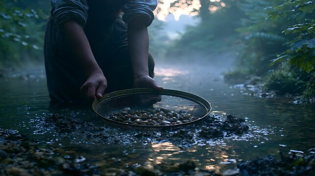 623. A psychological art piece about 'Emotional Sifting'. A person standing in a quiet stream, using a fine mesh strainer to separate smooth, polished pebbles of wisdom from murky, dark mud 