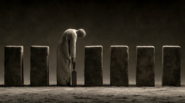 617. A conceptual metaphor for Conformity Pressure. A person standing in a line of square pegs, using a rasp to manually sand down their own rounded, organic edges to fit into a square hole. 