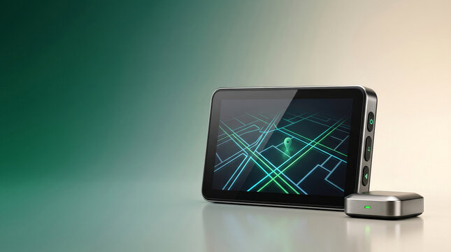 Modern GPS navigation device displaying a digital map with a location pin