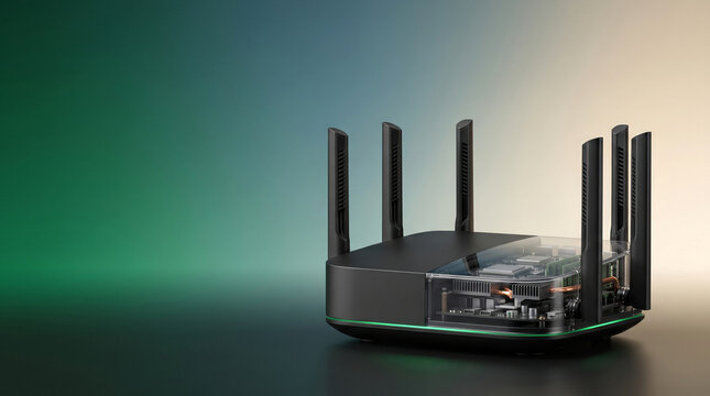 Modern wireless router with visible internal components and multiple antennas