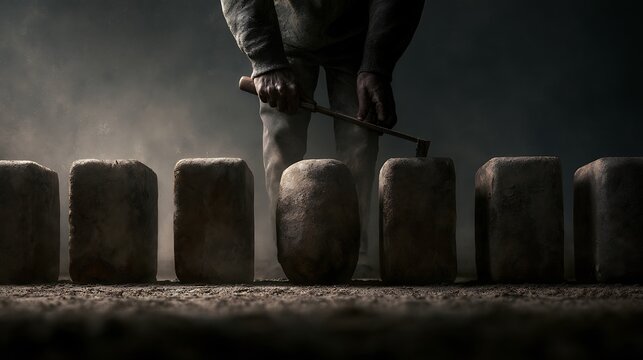 617. A conceptual metaphor for Conformity Pressure. A person standing in a line of square pegs, using a rasp to manually sand down their own rounded, organic edges to fit into a square hole. 