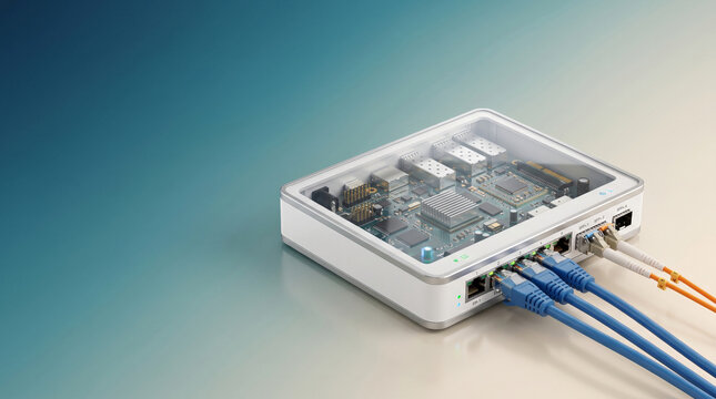 Modern network router with visible internal circuitry and connected ethernet cables