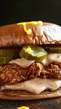 Crispy Fried Chicken Sandwich with Yellow Sauce Drizzled over Bun