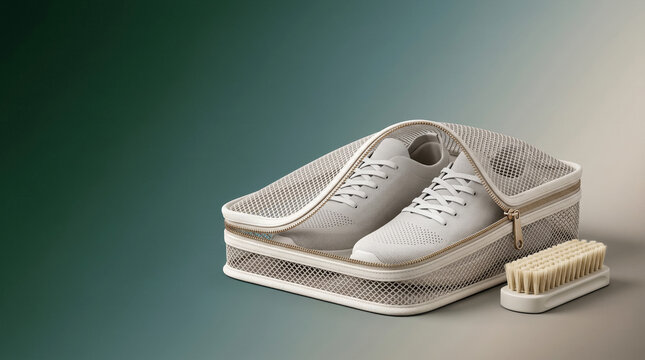 Stylish shoe protection system with cleaning brush and sneakers inside
