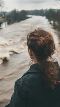 Woman with Curly Auburn Hair Looking at a Wide River