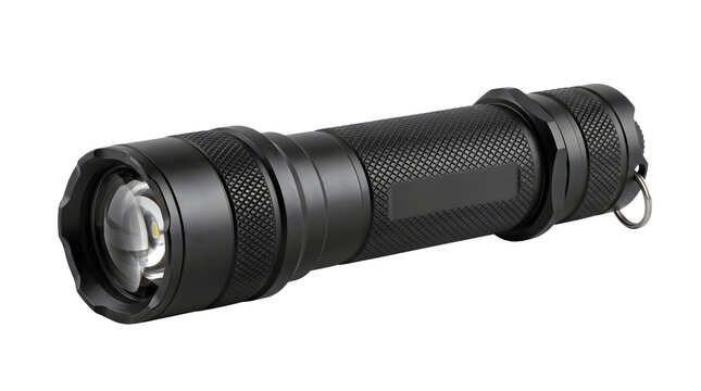 Tactical black flashlight on white background, professional led torch for camping, durable metal portable light for emergency use