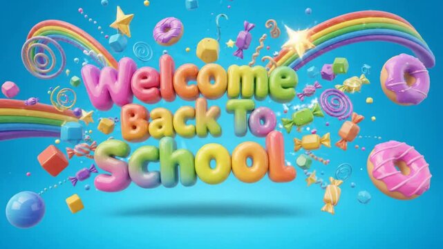 Welcome back to school 3 d animation with colorful candy, donuts, and rainbows for educational celebration and kids party