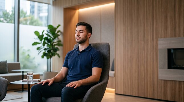 Man meditating in a modern office lounge to combat National Stress Awareness Day