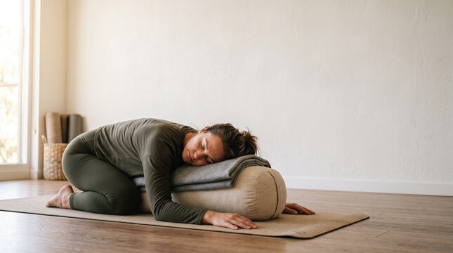 Woman resting in child's pose on yoga mat with bolster and blanket, promoting relaxation and stress relief