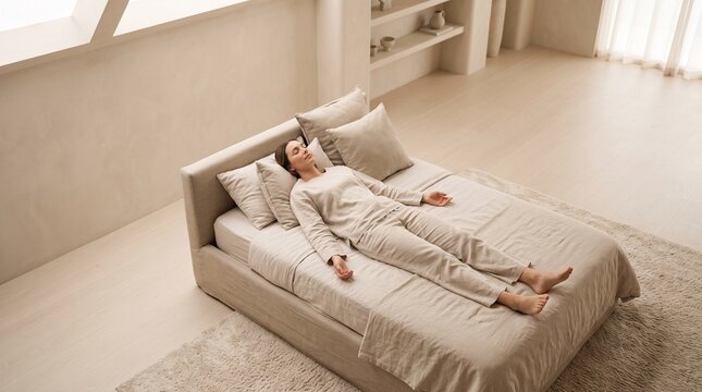 Woman resting peacefully on bed, symbolizing relief from National Stress Awareness Day and mental well-being