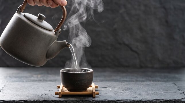 Pouring hot water from a teapot into a ceramic cup, creating steam, a moment of calm for National Stress Awareness Day