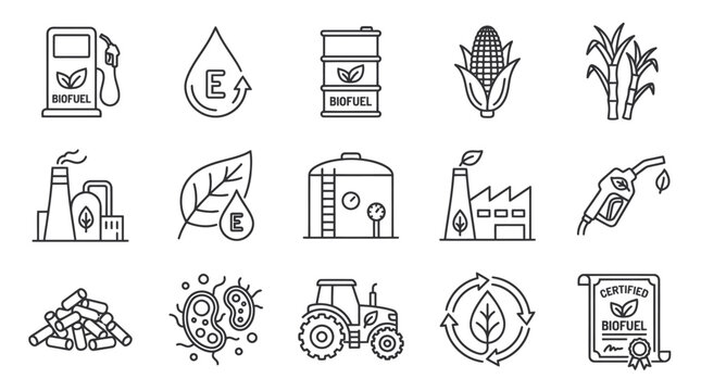 Bioenergy manufacturing and ecological fuel line icon collection.