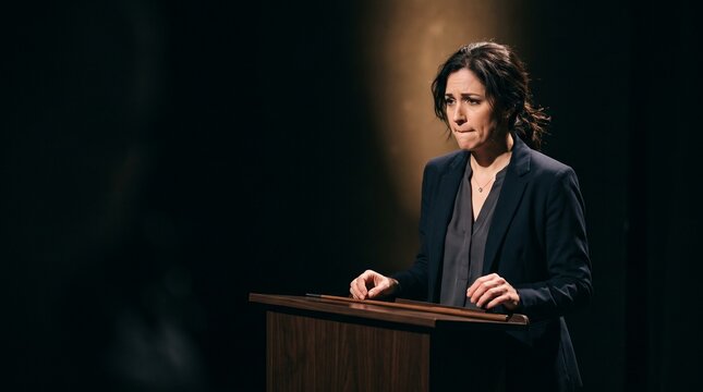Woman looking stressed and anxious at a podium, representing public speaking pressure and National Stress Awareness Day