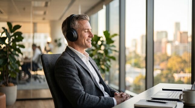 Man in suit with headphones closed eyes smiling in office enjoying moment of calm for National Stress Awareness Day
