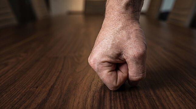 Man's clenched fist hitting wooden table expressing frustration and stress on National Stress Awareness Day