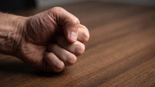 Close up of a clenched fist resting on a wooden surface symbolizing stress and tension