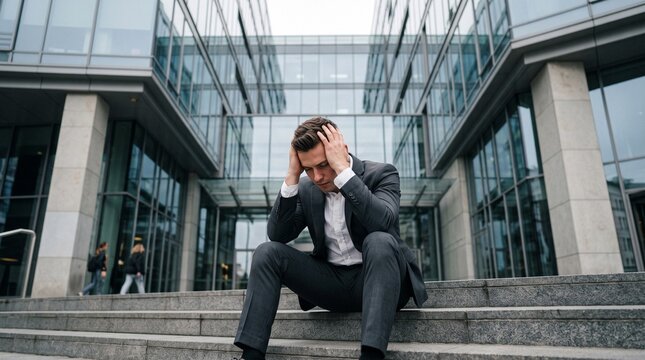 Young businessman overwhelmed by stress sits on steps outside modern office building National Stress Awareness Day concept