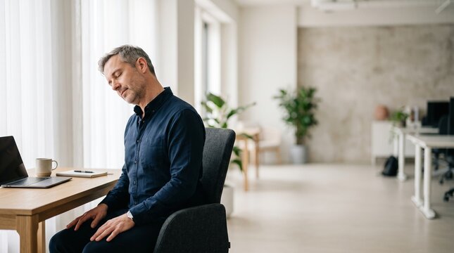 Middle aged man experiencing neck pain and fatigue while working at his desk in a modern office environment