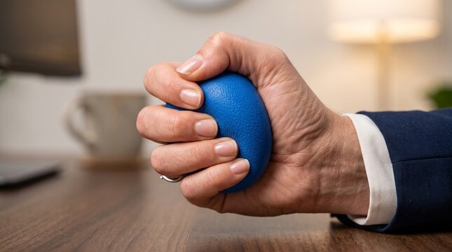Person in suit squeezing a blue stress ball to relieve tension during National Stress Awareness Day