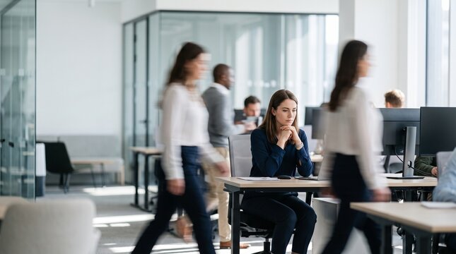 Woman looking stressed at desk in busy office environment with blurred colleagues walking by