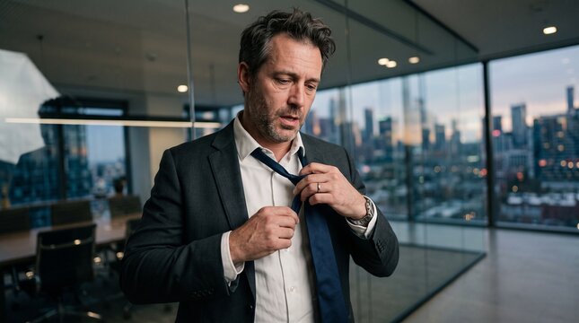 Middle aged businessman adjusting his tie in a modern office with city skyline view, representing stress and exhaustion