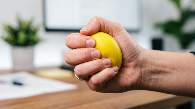 Person squeezing a yellow stress ball to relieve tension during National Stress Awareness Day