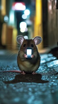 Cute Hamster Holding a Glowing Smartphone on a City Street at Night