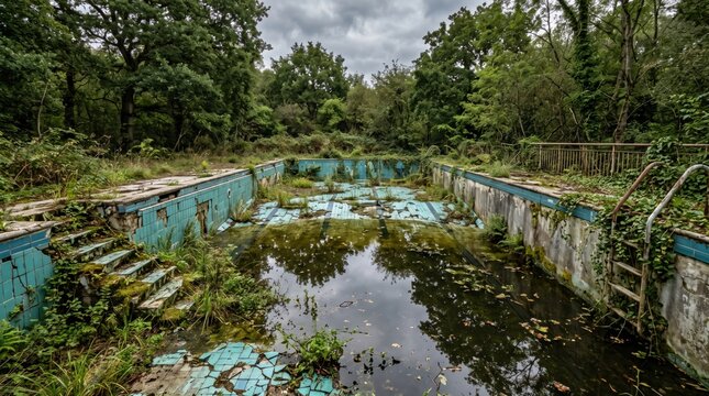 Abandoned swimming pool overgrown with wild nature and forest vegetation in a rural setting.
